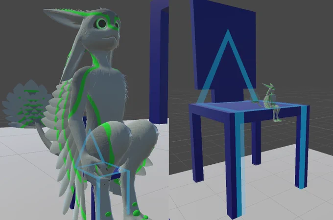 The surface of the seat is defined with 3 control points for the back, knee, and foot positions, and a spine angle, which collectively define the surface of the seat. This is much better than a single transform, since it provides enough information to calculate how to fit any sized avatar to a seat, whether the character is tiny or huge. Similarly, the same applies for really big seats or really small seats.