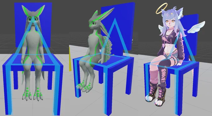 This seat system is designed to be much much better than the seat system found in VRChat. It theoretically can allow for any character to fit to the seat, and have them line up properly, with their knees over the edge.