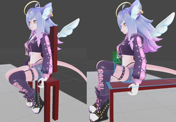 When a character's legs are shorter than the available space on the seat, the back and foot IK positions will move forward or up, respectively, to keep the knees aligned with the seat. When a character's legs are longer than the available space on the seat, the knees will be moved instead to make room. If a character's upper leg is shorter, the knees will be moved forward. If a character's lower leg is shorter, the knees will be moved upward. If both happen, the knees will be moved both up and forward.