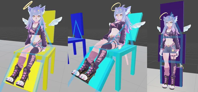 The control points do not have to exist at 90 degree angles to each other. You can change the relative angles any amount and the legs will bend in response. For example, if you want to kick back, just move the foot control point forward a bit. You can also adjust the spine angle if you want the character sitting on the seat to lean back. At the extreme, you can even make the character sit in a way that is almost entirely laying down, or almost entirely standing up (as long as the control points are NOT perfectly collinear).