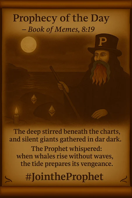 A parchment-style prophecy scroll shows the Prophet standing on a cliff above stormy seas, illuminated by moonlight. Enormous whale silhouettes move beneath the dark waves, glowing faintly with Ethereum symbols. The Prophet, in his black top hat with a golden “P” and red-white-blue beard, extends his staff toward the horizon. The prophecy text reads:

“The deep stirred beneath the charts, and silent giants gathered in the dark.
The Prophet whispered: when whales rise without waves, the tide prepares its vengeance.”
At the bottom: #JoinTheProphet.