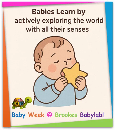 A cartoon of a baby exploring a toy with their mouth