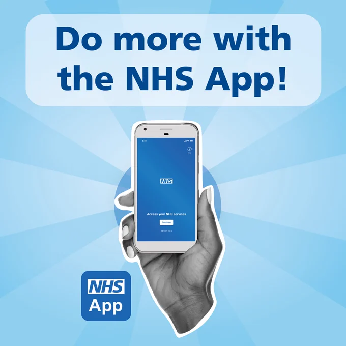 A hand holds a smartphone displaying the NHS App login screen. Large text above reads “Do more with the NHS App!” against a blue background, with the NHS App logo shown at the bottom.