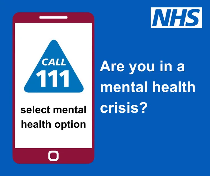 Cartoon illustration of a mobile smart phone with the wording call NHS 111 and select mental health option on the screen. Text reads: Are you in a mental health crisis? NHS logo.  