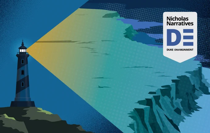 Stylized illustration of a lighthouse casting a beam of light across a rocky coastline, with the “Nicholas Narratives – Duke Environment” logo appearing in the upper-right corner.