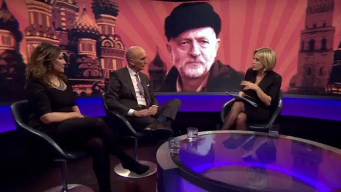 Image of Newsnight with mocked up image of Jeremy Corbyn in Russian hat