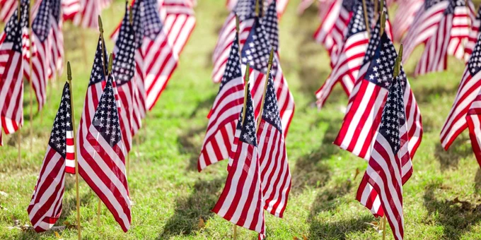Rows of American flags planted in a grassy area, symbolizing patriotism or remembrance.