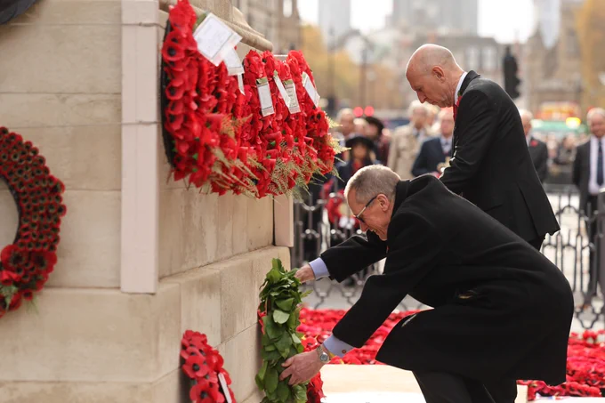 The Defence Secretary John Healey lays a wreath at the Cenotaph on Armistice Day