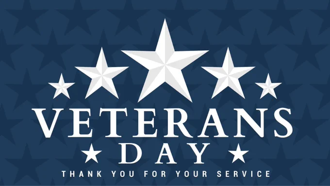 Veterans Day graphic with five white stars on a blue background and the message 'Thank You For Your Service' beneath bold white text.