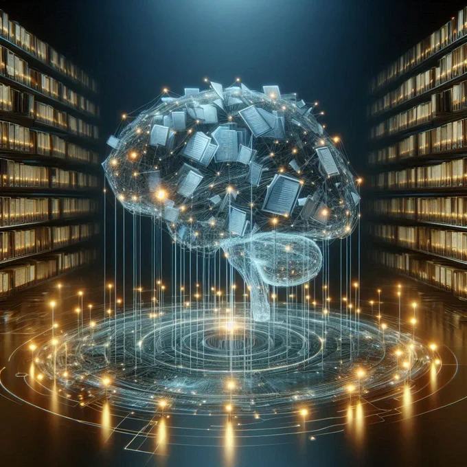 representation of an artificial intelligence brain with neural connections inside a library