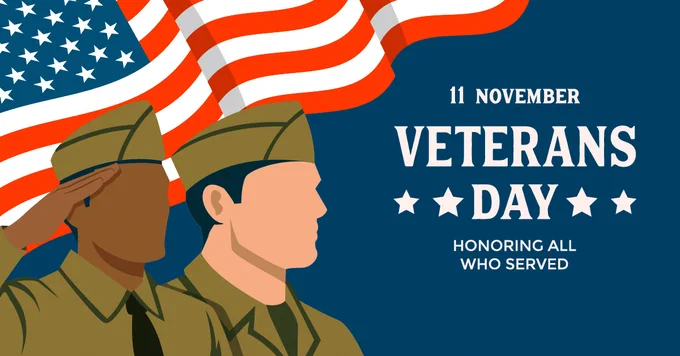 Illustration with a U.S. flag on a blue background. In the foreground are two military men, one is saluting. Text: 11 November. Veterans Day. Honoring all who served.