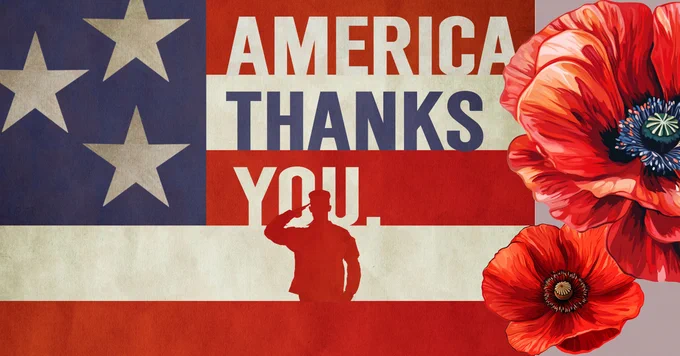 stylized american flag with with words "america thanks you." with poppies and the silhouette of a saluting soldier.