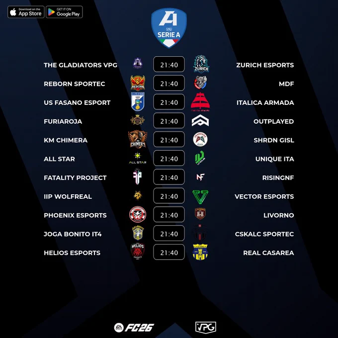 🇮🇹 @VPGItaly Serie A
⚽️ Match #10
🗓️ 10/11/2025 - 21:40
🖥️ https://virtualprogaming.com/community/VPG-Italy

➡️ @The__Gladiators 🆚 @zurich_esports
➡️ @reBorn_proclub 🆚 @MalatidiFifa
➡️ @UsFasanoeSports 🆚 @ItalicaArmada
➡️ @xFuriaRoja 🆚 @OutplayedEAFC
➡️ @KMChimera 🆚 @GislXIX
➡️ @FC_ALL_STAR 🆚 @uniQue2k23
➡️ @FatalityProClub 🆚 @RisingNF
➡️ @WolfrealEsports 🆚 @KT_Vectore
➡️ @Ph0enix_eSport 🆚 @LivornoeSports
➡️ @JogaBonitoIT4 🆚 @OfficialCSKALC
➡️ @Helios_ProClub 🆚 @IMPACT_VPC

#FC26 #VPG #ProClubs #EAFC #WhereTheChampionsPlay
