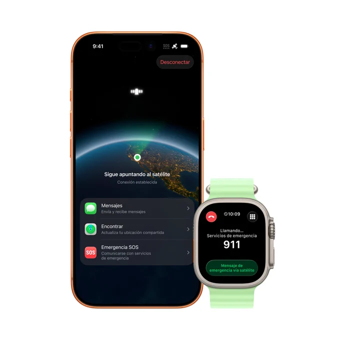 iPhone and Apple Watch Ultra 3 display Emergency SOS via satellite in Spanish.