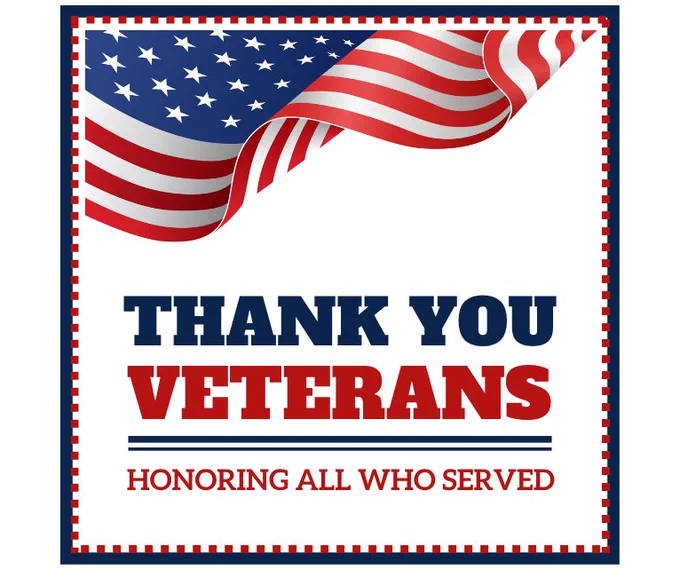 Decorative image with a partial waving flag stating Thank You Veterans Honoring All Who Served