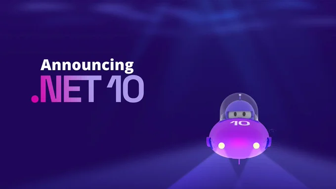 .net bot in a submarine racecar. 
Text reads: Announcing .net 10