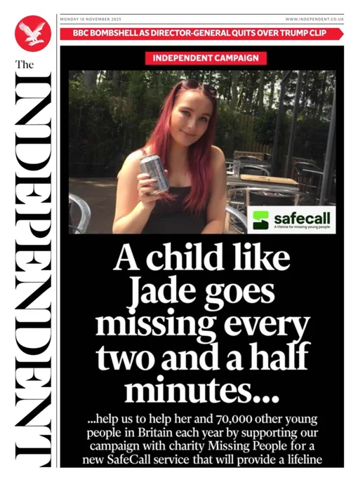 Front page of the Independent from Monday reads: 'A child like Jade goes missing every two and a half minutes'