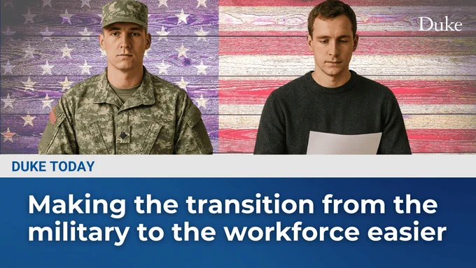 A split image featuring a soldier in military uniform on the left, against a backdrop resembling an American flag, and a civilian man on the right, holding a document and sitting in front of a rustic wooden wall. The text at the bottom highlights efforts to facilitate the transition from military service to civilian employment.