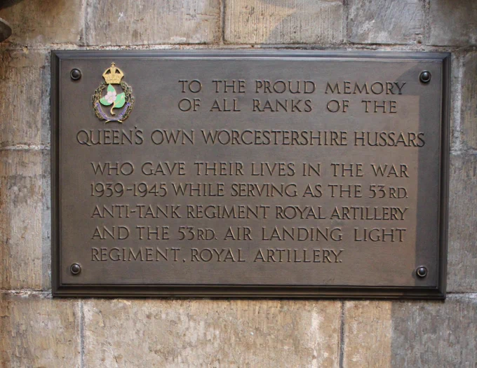 The memorial for the Queen's own Worcestershire Hussars from 1939 to 1945 who served as an anti-tank artillery unit in the Second World War