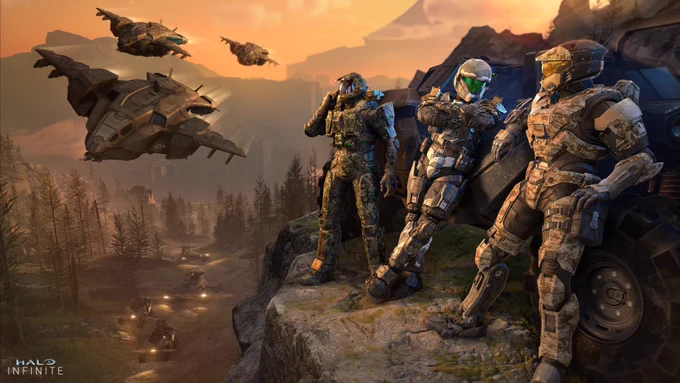 Halo Infinite Spartans relaxing while Pelicans fly by