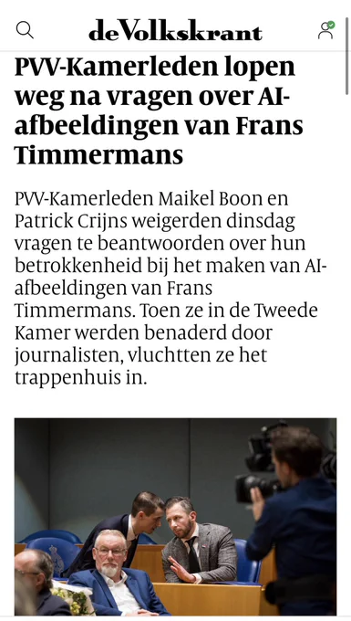 Screenshot Volkskrant met foto van het PVV-vak waar Kamerleden met elkaar aan het praten zijn en de eerste alinea van het artikel.