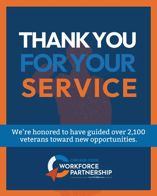 A dark blue graphic with a bright orange border. The middle of the graphic has a silhouette of a  person saluting. In all caps, "Thank you for your service." In smaller text, "We're honored to have guided over 2,100 veterans toward new opportunities.
