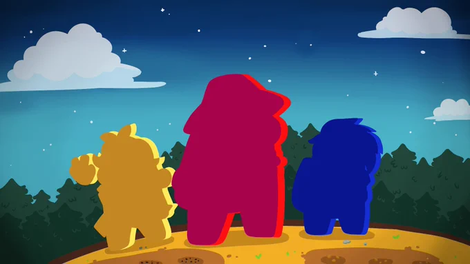 3 Crewmate silhouettes stand outside, surrounded by trees, wearing mystery cosmetics from an upcoming Cosmicube. 