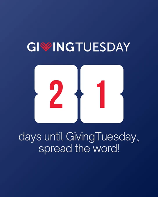 GivingTuesday countdown with 21 days remaining. Text encourages spreading the word about the event.