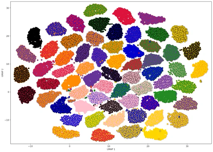 Highly accurate clustering of cells by RainBar barcode. Each cluster represents a unique fluorescent protein barcode identity used in optical pooled screening.