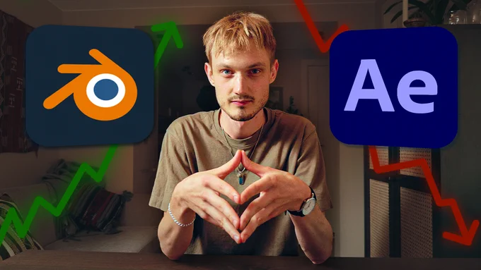 Robin Ruud sits at a desk with hands clasped in front of him, looking confidently at the camera. On the left is the Blender logo with a green upward arrow, and on the right is the After Effects logo with a red downward arrow, symbolizing Blender’s rise and After Effects’ decline among motion designers.