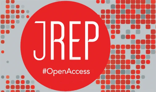 Logo of JREP with the hashtag OpenAccess, featuring large red circles on a grey background with smaller red dots. 