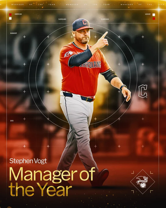 2025 American League Manager of the Year: Stephen Vogt, Cleveland Guardians
Pictured: Stephen Vogt wears a red Cleveland Guardians uniform and dark blue Cleveland Guardians cap.