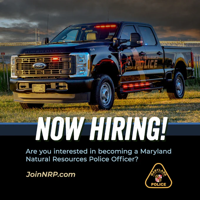 Infographic containing a Maryland Natural Resources Police patrol vehicle with text saying "Now Hiring" and "Are you interested in becoming a Maryland Natural Resources Police Officer?" along with the logo for Maryland NRP and a link to JoinNRP.com