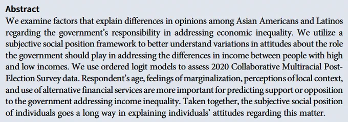 JREP abstract discussing differences in opinions among Asian Americans and Latinos regarding economic inequality.