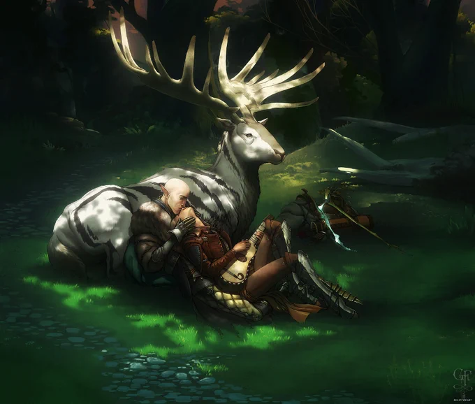 Illustration - Dragon Age: Inquisition fanart of Solas wearing his Trespasser armor and a blonde, pale female Lavellan Inquisitor, strumming an old-fashioned guitar, cuddling as he leans against the flank of their mount - a large, black and white striped hart. The background is a lush forest with dappled light, heavily featuring green tones.