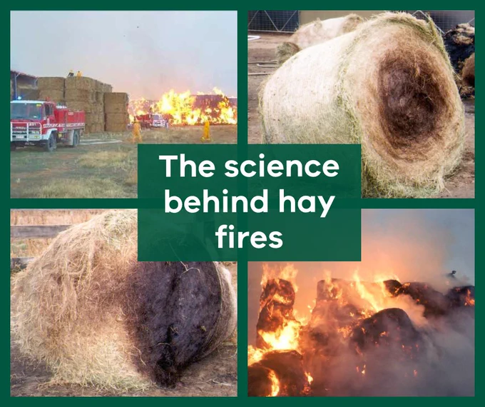 Collage of images showing hay fires and firefighting efforts, with a central caption titled 'The science behind hay fires'.