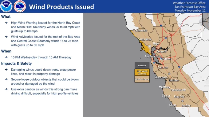 A High Wind Warning has been issued for the coastal North Bay and the Marin Hills, with Wind Advisories issued elsewhere in the Bay Area and the Central Coast, due to strong southerly winds gusting up to 50 to 60 miles per hour from 10 PM Wednesday night through 10 AM Thursday. Secure loose outdoor objects! Prepare for damaging winds! Be careful when driving high profile vehicles!
