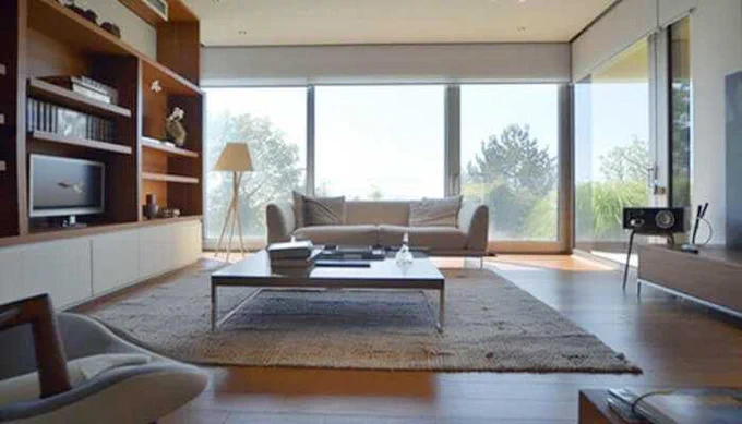 Modern living room with large windows, cozy sofa, wooden shelves, and home decor items emphasizing comfort and safety in home security setup