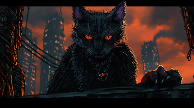 An image of a black cat with red pupils staring at the viewer menacingly. The background shows ruins of a city, in a post-apocalyptic settings 