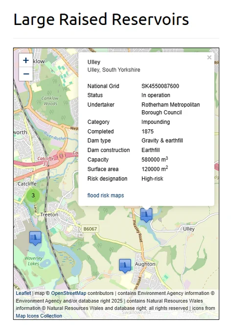 Screenshot of interactive map based on Datadaptive's Large Raised Reservoirs in England and Wales dataset