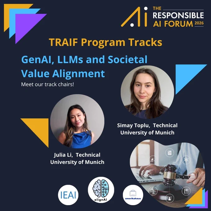 The Reponsible AI Forum GenAI, LLMs and Societal Value Alignment track with Simay Toplu and Julia Li. Get involved: https://responsibleaiforum.com/traif-call-for-participants/