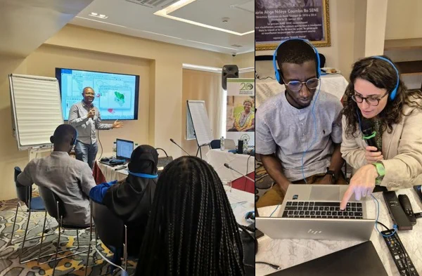 Two photos showing WorldPop capacity building in action - left Dr Winfred Dotse-Gborgbortsi and right Dr Natalia Tejedor Garavito