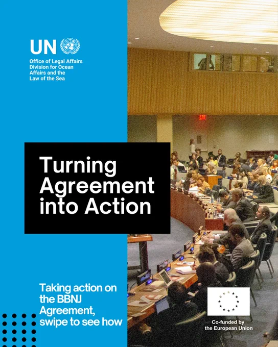 Photo of a United Nations conference room during the BBNJ Preparatory Comission with delegates seated at desks. Text on the image reads: “Turning Agreement into Action. Taking action on the BBNJ Agreement, swipe to see how.”