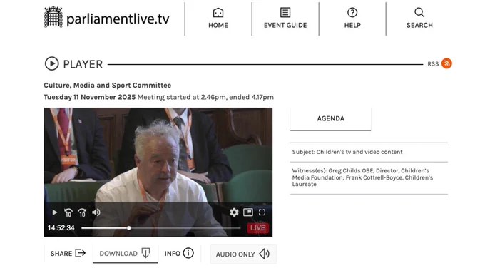 A screenshot of the recording of Frank Cottrell-Boyce giving evidence in parliament. 