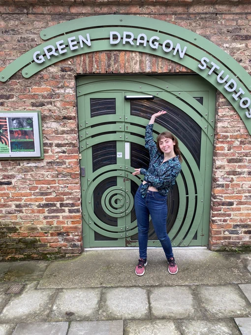 Actor Aja Dodd posing outside the Green Dragon Studio in Stockton-on-Tees