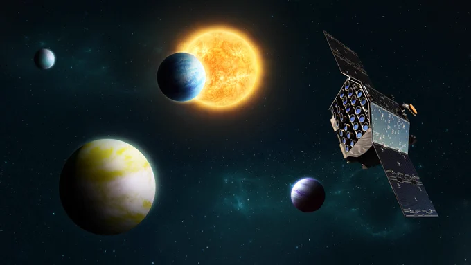 This is an artist's impression of ESA’s mission Plato, PLAnetary Transits and Oscillations of stars, which will discover potentially habitable planets around stars similar to our Sun. The spacecraft is seen in space, studying a star system with four planets. The central star is also visible.