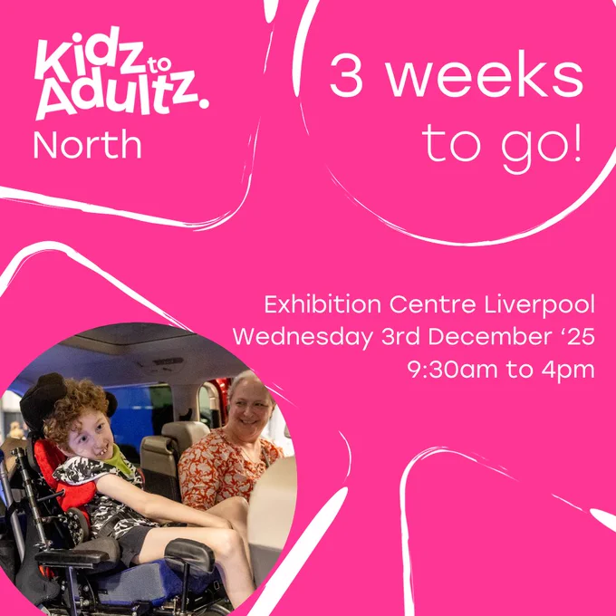 Bright pink graphic announcing Kidz to Adultz North happening in 3 weeks time at Liverpool Exhibition Centre, December 3, 2025, from 9:30am to 4pm.
