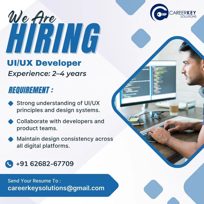 We’re hiring: UI/UX Developer (2–4 yrs) in Indore with a leading tech firm. Collaborate, design, and innovate! Resume/call: careerkeysolutions@gmail.com |  91 62682-67709 #Hiring #IndoreJobs #UIUX
