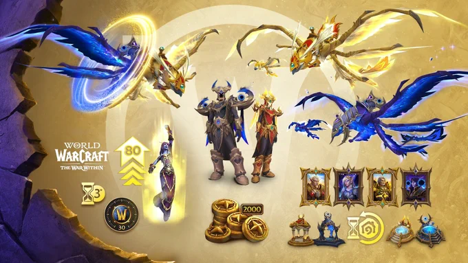 An image that details everything included in the World of Warcraft: Midnight Epic Edition, such as three mounts, two transmog sets, a level 80 boost, 30 days of game time, 2,000 Trader’s Tender, several pieces of Housing Decoration, and three days early access to the Midnight Expansion.
