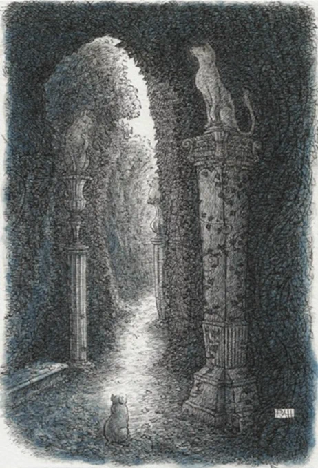 “Allée of the Ancients”
*giclée art print 

This is a fanciful scene of a small cat looking up at tall, weathered, vine-covered statues of his ancient ancestors in a winding, dark alley of overgrown trees and hedges. It is an atmospheric, mysterious, yet whimsical scene. 

The idea for this piece came when, on one of my walks, I spied a cat sitting in a garden, looking up an old wooden pedestal at a large, weather-worn ceramic cat perched on top. I had just received my DNA results from Ancestry.com a couple days prior. The two things instantly blended together in my mind. 

This piece was rendered with dip pen and ink and Paynes Grey watercolour.